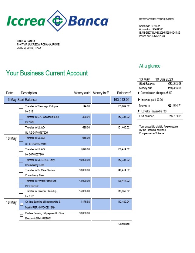 Modèle Word et PDF de relevé de compte d'entreprise Iccrea Banca